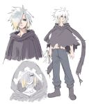  1boy aqua_eyes bervens12 blonde_hair boots cloak cloud_strife final_fantasy final_fantasy_vii final_fantasy_vii_rebirth final_fantasy_vii_remake full_body grey_hair grey_pants hair_between_eyes hair_over_one_eye highres holding holding_sword holding_weapon hood hood_down hood_up hooded_cloak male_focus midriff multicolored_hair multiple_views pants shaded_face short_hair sketch solo spiked_hair standing sword torn_cloak torn_clothes two-tone_hair upper_body weapon white_background 