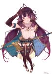  1girl ahoge atelier_(series) atelier_sophie_2 belt blue_belt blue_cape breasts brown_gloves cape closed_mouth commentary elbow_gloves full_body gloves hand_up highres holding holding_staff large_breasts leotard long_hair looking_at_viewer low_twintails purple_eyes purple_hair qmmparabellum ramizel_erlenmeyer signature simple_background smile solo staff twintails very_long_hair white_background 