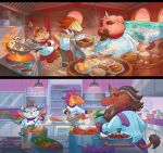 2025 anthro beard bottomwear bowl brown_beard brown_facial_hair carrot cleaver_(knife) clothing container cooking cooking_pot critter_kitchen cutlery detailed_background ear_piercing facial_hair female fire fish flying food fur group hi_res holding_knife holding_object horn inside kitchen kitchen_knife kitchen_utensils knife lamp male mammal marine membrane_(anatomy) membranous_wings official_art pants piercing plant reptile rodent sandara scalie smile soup suid suine sus_(pig) tail tools vegetable wild_boar window wings wok