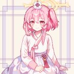  1girl alternate_costume blue_archive chima_(clothes) closed_mouth commentary feather_hair halo hanbok jeogori_(clothes) korean_clothes long_sleeves one_side_up pink_eyes pink_hair pink_skirt pixel_art serina_(blue_archive) short_hair sitting skirt smile solo tinia_etru upper_body yellow_halo 