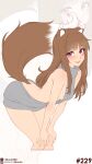  1girl absurdres alternate_costume animal_ear_fluff animal_ears blunt_bangs blush breasts brown_hair commentary english_commentary fang grey_sweater highres holo likunea long_hair patreon_logo patreon_username red_eyes sideboob sidelocks simple_background small_breasts solo solo_focus spice_and_wolf sweater tail twitter_username twitter_x_logo virgin_killer_sweater wolf_ears wolf_girl wolf_tail zoom_layer 