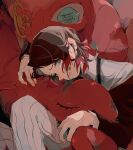  1boy aqua_eyes black_hair black_jacket colored_tips commentary_request demon_boy dual_persona enmu_(kimetsu_no_yaiba) facial_mark feet_out_of_frame flesh grey_pants highres jacket kimetsu_no_yaiba leaning_on_monster long_sleeves looking_at_viewer male_focus monster multicolored_hair off_shoulder pants parted_lips pinstripe_pants pinstripe_pattern sad sidelocks sitting suit_jacket tears_facial_mark teeth torinoooniku trap undershirt 