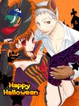  1girl alternate_costume animal_ears bandages brown_hair corset couple einfach female_protagonist_(persona_3) halloween happy_halloween hat hetero jack_frost panties persona persona_3 persona_3_portable pyro_jack red_eyes sanada_akihiko smile thighhighs underwear witch_hat 