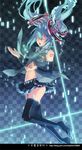  aqua_hair boots checkered checkered_background closed_eyes daphine78805 detached_sleeves floating_hair hatsune_miku high_heels long_hair navel necktie panties pantyshot shoes skirt solo thigh_boots thighhighs twintails underwear vocaloid 