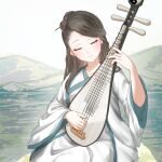  1girl aesice blush brown_hair chinese_clothes closed_eyes commentary_request earrings facial_mark forehead_mark hair_bun hair_ornament hair_stick half_updo hanfu highres instrument jewelry jiaoling_ruqun legend_of_mortal mountainous_horizon music outdoors pipa_(instrument) playing_instrument single_hair_bun sitting solo su_yingxiang white_hanfu wide_sleeves 