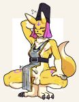  2026 5_fingers annxpaint anthro balls bandai_namco belt black_nose bodily_fluids canid canine claws clothing crouching digimon digimon_(species) dipstick_ears ear_markings erection eyes_closed fingers flying_sweatdrops fur genitals hand_behind_head hat headgear headwear male mammal multicolored_ears nipples pelvic_curtain penis pubes simple_background solo sweat sweatdrop taomon toe_claws translucent translucent_clothing white_body white_fur yellow_body yellow_fur yin_yang 