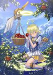  ahoge angel apple aro_(charged_time_out) bad_id bad_pixiv_id basket blonde_hair closed_eyes cloud corset day detached_wings floating floating_object food fruit halo original short_hair sitting skirt sky smile solo tree wariza wings 