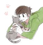  1boy :3 animal animification antenna_hair blush_stickers brown_eyes brown_hair cat commentary drawstring edd_(eddsworld) eddsworld grey_cat hair_behind_ear holding holding_animal holding_cat hood hood_down hoodie keep_(dmswls6145) long_sleeves lowres lying male_focus on_stomach paw_print pawpads ringo_(eddsworld) short_hair simple_background sitting sketch smile solo_focus tabby_cat upper_body white_background 