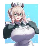  1girl animal_ears apron barcode blonde_hair blue_background blush_stickers border breasts glasses green_eyes hair_ribbon hashtag-only_commentary hat highres indie_virtual_youtuber large_breasts long_sleeves name_tag nimi_nightmare nurse_cap open_mouth ribbon solo tapir_ears tapir_girl twitter_username virtual_youtuber white_apron white_border white_hat white_ribbon yubaest 