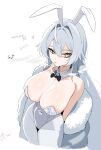 1girl animal_ears arms_behind_back bare_shoulders black_bow black_bowtie bow bowtie breasts cigarette cleavage closed_mouth coat covered_groin covered_navel detached_collar doodle_inset fake_animal_ears fur-trimmed_coat fur_trim grey_hair hair_between_eyes hair_intakes heart highres korean_text large_breasts leotard long_hair looking_at_viewer original pantyhose playboy_bunny plentyofempty rabbit_ears sideboob sidelocks slit_pupils smoke smoking solo standing strapless strapless_leotard thighs very_long_hair white_leotard white_pantyhose yellow_eyes 