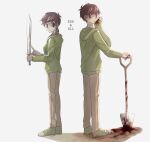  1boy 1girl animification antenna_hair blood blood_on_shovel breasts brown_eyes brown_hair brown_pants character_name commentary drawstring dual_persona edd_(eddsworld) eddsworld ell_(eddsworld) english_text eye_contact from_side full_body genderswap genderswap_(mtf) green_hoodie green_shoes hair_behind_ear hand_up holding holding_shovel holding_sword holding_weapon hood hood_down hoodie keep_(dmswls6145) long_hair long_sleeves looking_at_another looking_back low_side_ponytail medium_breasts open_mouth pants shaded_face shoes short_hair shovel simple_background sneakers standing swept_bangs sword weapon white_background wiping_blood wiping_face 