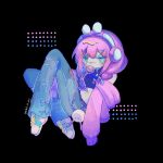  1girl alternate_hairstyle animal_ear_headphones animal_ears artist_name aubrey_(birthday)_(omori) aubrey_(faraway)_(omori) aubrey_(omori) black_background blowing_bubble_gum blue_eyes blue_shoes blush braid breasts bright_pupils character_charm charm_(object) chewing_gum commentary crop_top dated denim double-parted_bangs fake_animal_ears forest_bunny?_(omori) full_body hair_between_eyes hashtag-only_commentary headphones highres jeans long_hair looking_at_viewer low_twin_braids navel o51515o official_alternate_costume omori pants pink_hair rabbit_ear_headphones rabbit_ears shoes sidelocks simple_background small_breasts sneakers solo torn_clothes torn_jeans torn_pants twin_braids white_pupils 