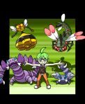  1boy aaron_(pokemon) ahoge black_border black_shirt border bug closed_mouth commentary_request daisuke_umiushi drapion fangs flying full_body green_eyes green_hair insect_wings male_focus open_mouth orange_pants outstretched_arms pants pokemon pokemon_(creature) pokemon_dppt pokemon_tem shadow shirt shoes short_hair skin_fangs skorupi sleeveless sleeveless_shirt spread_arms standing toon_(style) v-shaped_eyebrows vespiquen white_shoes wings yanmega 
