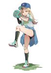  1girl absurdres bandaid bandaid_on_arm bandaid_on_knee bandaid_on_leg baseball baseball_cap baseball_mitt baseball_uniform black_shorts black_socks blue_hat blue_jacket blush clothes_around_waist clothes_writing colored_eyelashes earrings flipped_hair full_body gakuen_idolmaster gradient_hair grass grey_hair hair_ornament hairclip hands_up hat highres idolmaster jacket jacket_around_waist jewelry kneehighs long_hair looking_at_viewer multicolored_hair open_mouth orange_eyes parallel_hairclips parted_bangs pitching shinosawa_hiro shirt shoes short_shorts shorts simple_background smile sneakers socks solo sportswear standing standing_on_one_leg stud_earrings sweat t-shirt user_dxea3778 white_background white_shirt 