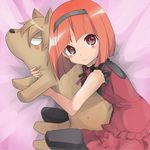  akai_ringo_(ookami-san) animal bob_cut brown_eyes hairband hug iyoda_mato ookami-san pantyhose red_hair short_hair solo stuffed_animal stuffed_toy wolf 