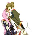  aiguillette aroi_(euza) bad_id bad_pixiv_id blue_eyes brown_eyes brown_hair epaulettes flower hair_pull long_hair multiple_girls pink_hair ponytail rose school_uniform shinohara_wakaba short_hair shoujo_kakumei_utena sword tenjou_utena weapon white_flower white_rose yuri 