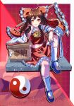  1girl absurdres ascot black_shoes bow box brown_hair commentary detached_sleeves donation_box english_commentary frilled_bow frilled_hair_tubes frilled_skirt frills gohei hair_bow hair_tubes hakurei_reimu highres holding holding_ofuda long_hair looking_at_viewer mary_janes midriff mixed-language_commentary navel ofuda open_mouth orb red_bow red_eyes red_skirt ribbon-trimmed_sleeves ribbon-trimmed_socks ribbon_trim s-tea-m shoes sitting skirt skirt_set smile socks solo touhou translation_request white_socks yellow_ascot yin_yang yin_yang_orb 