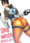  1girl ass black_gloves bomber_jacket brown_hair brown_jacket commentary_request copyright_name cross-laced_clothes cross-laced_legwear dated dual_wielding dutch_angle from_behind gloves goggles gun holding holding_gun holding_weapon jacket looking_back orange_goggles orange_pants overwatch pants shiny_clothes short_hair smile solo tamagou tight_clothes tight_pants tracer_(overwatch) weapon 