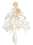  1boy aether_(genshin_impact) ahoge alternate_costume ascot blonde_hair bouquet bow braid buttons chain closed_eyes closed_mouth collared_shirt commentary english_commentary flower flower_ornament formal_clothes full_body genshin_impact gold_chain hair_between_eyes hair_bow hand_up highres holding holding_bouquet lapels lifting_own_clothes long_hair long_sleeves low-braided_long_hair low-tied_long_hair male_focus pants puffy_long_sleeves puffy_sleeves rose shirt shoes single_braid smile sn_jiho solo standing star_(symbol) star_print suit vest wedding white_ascot white_bow white_flower white_pants white_shirt white_shoes yellow_flower yellow_rose yellow_vest 