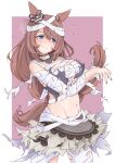  1girl absurdres animal_ears arm_under_breasts averting_eyes bandaged_arm bandaged_head bandaged_leg bandaged_torso bandages blue_eyes blush border breasts brown_hair choker closed_mouth commentary_request cowboy_shot ear_ornament ear_scrunchie embarrassed facing_viewer flying_sweatdrops frilled_skirt frills furrowed_brow hair_between_eyes halloween_costume hand_on_own_arm heart highres horse_ears horse_girl horse_tail lace_trim large_breasts legs_apart long_hair midriff miniskirt mummy_costume navel official_alternate_costume outside_border purple_nails red_background shijimi_(sijimi1917) sideways_glance simple_background skirt smile solo standing super_creek_(chiffon-wrapped_mummy)_(umamusume) super_creek_(umamusume) sweatdrop swept_bangs tail tareme tongue tongue_out torn_bandages torn_clothes umamusume very_long_hair wavy_mouth white_border white_choker 