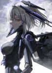 1girl absurdres black_bodysuit bodysuit breasts chin_guard closed_mouth commentary_request cyborg grey_hair hair_between_eyes hair_ornament headgear highres joints looking_at_viewer mecha_musume mechanical_arms mechanical_wings medium_breasts medium_hair profile punishing:_gray_raven robot_joints rosetta:_rigor_(pgr) rosetta_(pgr) sidelocks solo standing takamatu_hajime upper_body wide_ponytail wings x_hair_ornament yellow_eyes 