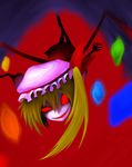  am24 bad_id bad_pixiv_id blank_eyes demon_wings evil_smile flandre_scarlet hat head_tilt mob_cap red_eyes red_sclera shaded_face smile solo touhou upper_body vampire wings 