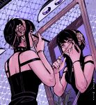  1girl applying_eyeliner applying_makeup artist_name bare_shoulders black_dress black_eyeliner black_hair breasts dagger dress earrings eyeliner flower gold_earrings gold_hairband hair_between_eyes hair_flower hair_ornament hair_stick hairband hashtag-only_commentary holding holding_weapon jewelry knife looking_at_mirror makeup medium_breasts mirror plant red_eyes rogerwitt sidelocks solo spy_x_family stiletto_(weapon) updo upper_body weapon yor_briar 