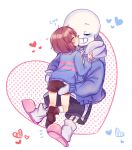  1boy 1other :d ^_^ age_difference ankle_boots black_shorts blue_jacket blue_sweater blush bob_cut boots brown_boots brown_hair brown_shorts child closed_eyes commentary drawstring face-to-face facing_another frisk_(undertale) from_behind full_body gloves grin hand_up heart heart_background highres hood hood_down hooded_jacket interspecies jacket kiss kneehighs long_sleeves loose_socks nakamira open_clothes open_jacket other_with_male pink_slippers pink_sweater polka_dot polka_dot_background profile puffy_long_sleeves puffy_sleeves sans_(undertale) shirt short_hair short_shorts shorts simple_background single_vertical_stripe skeleton slippers smile socks standing standing_on_one_leg striped_clothes striped_sweater sweater turtleneck turtleneck_sweater two-tone_sweater u_u undertale utdr_(toby_fox) white_background white_gloves white_hood white_shirt white_socks 