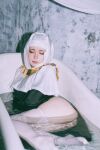  1girl 5y_mmo absurdres arm_at_side arm_support arm_under_breasts ass bathroom black_dress blurry blurry_foreground bodhisattva breasts buddhist_nun closed_eyes closed_mouth commentary cosplay cosplay_photo curvy demon_girl dress fate/extra fate/extra_ccc fate/grand_order fate_(series) gold_necklace highres in_bathtub indoors jewelry large_breasts long_dress long_sleeves lying mature_female necklace no_ears nose nun on_side pale_skin parted_lips partially_submerged photo_(medium) pink_lips raised_eyebrows real_life reclining reflection reflective_liquid sessyoin_kiara side_slit skindentation solo thick_thighs thighhighs thighs water white_coif white_thighhighs 