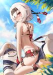  1girl absurdres azur_lane beach bikini bikini_skirt black_bikini black_hairband blush bon_homme_richard_(azur_lane) bon_homme_richard_(meta)_(azur_lane) breasts commission day embarrassed from_behind from_below from_side full_body hair_over_one_eye hairband highleg highleg_bikini highres jfzm001 looking_at_viewer looking_back looking_down ocean on_ground open_mouth outdoors palm_tree pixiv_commission red_eyes sitting small_breasts solo surprised swimsuit tree white_hair 