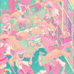  1boy 1girl arnold_shortman blonde_hair bow child commentary_request dress hat helga_g_pataki hey_arnold! highres kinako_(moment) long_sleeves looking_at_viewer megaphone scared screaming shirt short_hair toon_(style) twintails unibrow 