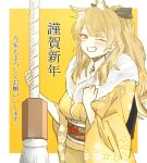  1girl animal_ear_fluff animal_ears arknights black_bow blemishine_(arknights) blonde_hair blush border bow breasts brown_eyes brown_kimono commentary_request floral_print fur_collar grin hair_bow hands_up horse_ears japanese_clothes kimono long_hair long_sleeves looking_at_viewer medium_breasts obi one_eye_closed ponytail print_kimono rnochi0812 sash smile solo translation_request white_border wide_sleeves yellow_background 
