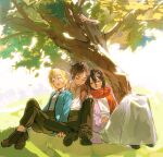  1girl 2boys armin_arlert black_hair black_pants black_shoes blonde_hair blue_jacket brown_hair brown_jacket brown_shoes cardigan child closed_eyes closed_mouth crossed_ankles eren_yeager full_body grey_skirt hair_between_eyes hashtag-only_commentary highres jacket leaning_on_person long_hair long_skirt mikasa_ackerman multiple_boys open_mouth outdoors pants parted_lips pink_cardigan red_scarf scarf shingeki_no_kyojin shirt shoes short_hair shuangyxz sketch skirt sleeping sunlight tree under_tree white_shirt 