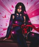  1girl absurdres animal black_hair black_thighhighs blue_eyes breasts bug butterfly commentary earrings english_commentary facial_mark highres jewelry leotard long_hair looking_at_animal looking_at_viewer marvel marvel_rivals medium_breasts nose pink_background pink_butterfly psylocke red_ribbon ribbon sitting smile solo thighhighs titanartx x-men 