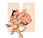  :3 blue_eyes commentary_request coronamon digimon digimon_(creature) fang fiery_tail fire full_body highres lion open_mouth orange_background solo sugar_7t tail white_background 