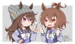 2girls :d agnes_tachyon_(umamusume) ahoge animal_ears beanie beer_hsk between_fingers border bow breasts brown_eyes brown_hair card cropped_torso ears_through_headwear grey_background grey_hat grin hair_between_eyes hands_up hat holding holding_card horse_ears long_sleeves multiple_girls nakayama_festa_(umamusume) puffy_long_sleeves puffy_sleeves purple_eyes purple_shirt school_uniform shirt small_breasts smile striped_clothes striped_headwear tracen_school_uniform translation_request umamusume upper_body vertical-striped_clothes vertical-striped_headwear vial white_border white_bow 