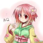  alternate_hair_color breasts flower hair_flower hair_ornament hieda_no_akyuu image_sample japanese_clothes kimono md5_mismatch medium_breasts pink_eyes pink_hair pixiv_sample pun short_hair sketch smile solo touhou yuuhi_alpha 