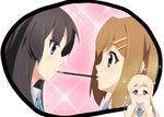  3girls akiyama_mio blush eye_contact food fujirin ga-rei ga-rei_zero hair_ornament hairclip highres hirasawa_yui imagining k-on! kotobuki_tsumugi lips look-alike looking_at_another mouth_hold multiple_girls parody pocky pocky_kiss school_uniform shared_food sparkle yuri yurijoshi 