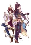  2girls ahoge artist_name atelier_(series) atelier_sophie_2 belt black_thighhighs blue_belt boots breasts brown_boots brown_eyes brown_shoes coat collared_coat commentary elbow_gloves full_body gloves grandmother_and_granddaughter hair_ornament high_heels highres holding holding_jewelry jewelry large_breasts long_coat long_hair long_sleeves looking_at_viewer medium_breasts multiple_girls pleated_skirt purple_eyes purple_hair qmmparabellum ramizel_erlenmeyer red_hair red_skirt shoes short_hair sidelocks skirt smile sophie_neuenmuller standing thighhighs twintails white_background white_coat 