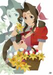  1girl aerith_gainsborough bangle basket bracelet braid braided_ponytail breasts brown_hair buttons choker cleavage closed_mouth cropped_jacket final_fantasy final_fantasy_vii flower flower_basket green_eyes hair_ribbon highres holding holding_basket holding_flower jacket jewelry lily_(flower) looking_at_viewer medium_breasts palo_pescao parted_bangs pink_ribbon puffy_short_sleeves puffy_sleeves red_flower red_jacket ribbon ribbon_choker short_sleeves sidelocks single_braid solo upper_body white_background white_flower yellow_flower 