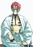  1boy abs akaza_(kimetsu_no_yaiba) arm_markings body_markings colored_eyelashes commentary_request facial_mark frown furrowed_brow highres indian_style japanese_clothes keta040429 kimetsu_no_yaiba looking_at_viewer male_focus open_clothes open_robe red_hair robe short_hair sitting solo white_background white_robe yellow_eyes 