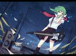  amplifier bad_id bad_pixiv_id bass_guitar chain-link_fence fence green_eyes green_hair gumi instrument letterboxed looking_down natsuki0910 night night_sky school_uniform sheet_music short_hair sky solo speaker tape vocaloid wind 