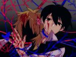  2boys \||/ antenna_hair basil_(faraway)_(omori) basil_(omori) black_background black_eyes black_hair black_skin black_sweater_vest blonde_hair blood blood_in_hair blood_on_clothes blood_on_face blood_on_hands blue_butterfly bug butterfly butterfly_on_hand closed_mouth collared_shirt colored_skin commentary double-parted_bangs empty_eyes english_commentary expressionless faceless faceless_male film_grain fingernails flower frown gradient_background grey_background hair_behind_ear hair_between_eyes hair_flower hair_ornament hand_up head_on_another's_shoulder highres kauchi_(kani10cauchi) looking_at_viewer male_focus multicolored_hair multiple_boys no_pupils noose omori pink_flower shirt short_hair short_sleeves simple_background sunny_(omori) sweater_vest two-tone_hair very_short_hair white_shirt 