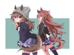  2girls animal_ears beanie beer_hsk black_jacket bow brown_hair closed_mouth ears_through_headwear grey_background grey_hat hair_between_eyes hand_in_pocket hand_up hat horse_ears horse_girl horse_tail jacket long_hair mask mask_pull mouth_hold mouth_mask multiple_girls nakayama_festa_(umamusume) open_clothes open_jacket orfevre_(old_design)_(umamusume) parted_lips purple_eyes purple_shirt purple_skirt purple_thighhighs school_uniform shirt single_thighhigh skirt striped_clothes striped_headwear tail thighhighs tracen_school_uniform two-tone_background umamusume v vertical-striped_clothes vertical-striped_headwear very_long_hair white_background white_bow 