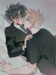  2boys bakugou_katsuki black_shirt blonde_hair boku_no_hero_academia closed_mouth collared_shirt dutch_angle green_eyes green_hair green_necktie hand_on_another's_shoulder highres jacket lapels layered_sleeves lying male_focus midoriya_izuku multiple_boys necktie notched_lapels on_back qhsrp_moy red_eyes scar scar_on_cheek scar_on_face shirt short_sleeves spiked_hair suit_jacket t-shirt white_shirt wide-eyed wing_collar yaoi 