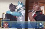 absurd_res against_surface against_wall anthro argo_northrop bed black_body black_fur blue_body blue_fur brown_body brown_fur canid canine canis clothing dialogue door duo eye_contact felid fur furniture game_ui hermann_(knights_college) hi_res hug kissing knights_college knocking_on_door looking_at_another making_out male male/male mammal multicolored_body multicolored_fur muscular open_mouth pantherine school_uniform suid suine sus_(pig) text theo_prinz_von_hirschreich uniform wen_znwei wild_boar wolf