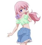  baka_to_test_to_shoukanjuu bare_shoulders crop_top denim denim_skirt highres himeji_mizuki long_hair looking_back midriff pink_hair purple_eyes skirt solo transparent_background vector_trace 