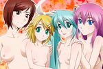  aqua_eyes aqua_hair blonde_hair blue_eyes breasts brown_eyes brown_hair hair_ornament hairclip hatsune_miku hayashi_custom kagamine_rin long_hair medium_breasts megurine_luka meiko multiple_girls nipples nude pink_hair short_hair small_breasts smile twintails vocaloid 