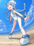  bad_id bad_pixiv_id beach blue_eyes blue_hair bracelet day fisheye hat ikamusume jewelry long_hair one-piece_swimsuit perspective shinryaku!_ikamusume solo swimsuit tentacle_hair umeboshitora 