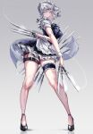  1girl absurdres apron belt belt_buckle black_belt blue_bow blue_ribbon blue_skirt bow bowtie braid breasts buckle expressionless full_body grey_background grey_eyes grey_hair hair_ribbon high_heels highres holding holding_knife holding_weapon izayoi_sakuya jan_(lightdragoon) knife large_breasts maid maid_apron maid_headdress pocket_watch puffy_short_sleeves puffy_sleeves ribbon shirt short_hair short_sleeves simple_background skirt thick_thighs thigh_strap thighs touhou twin_braids watch weapon white_shirt wrist_cuffs 